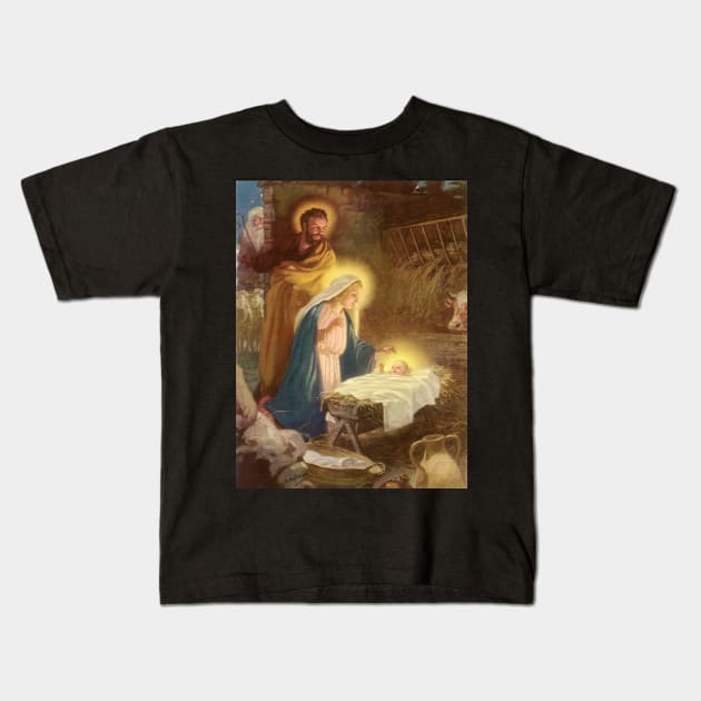 Vintage Christmas Nativity Scene Kids T-Shirt by MasterpieceCafe